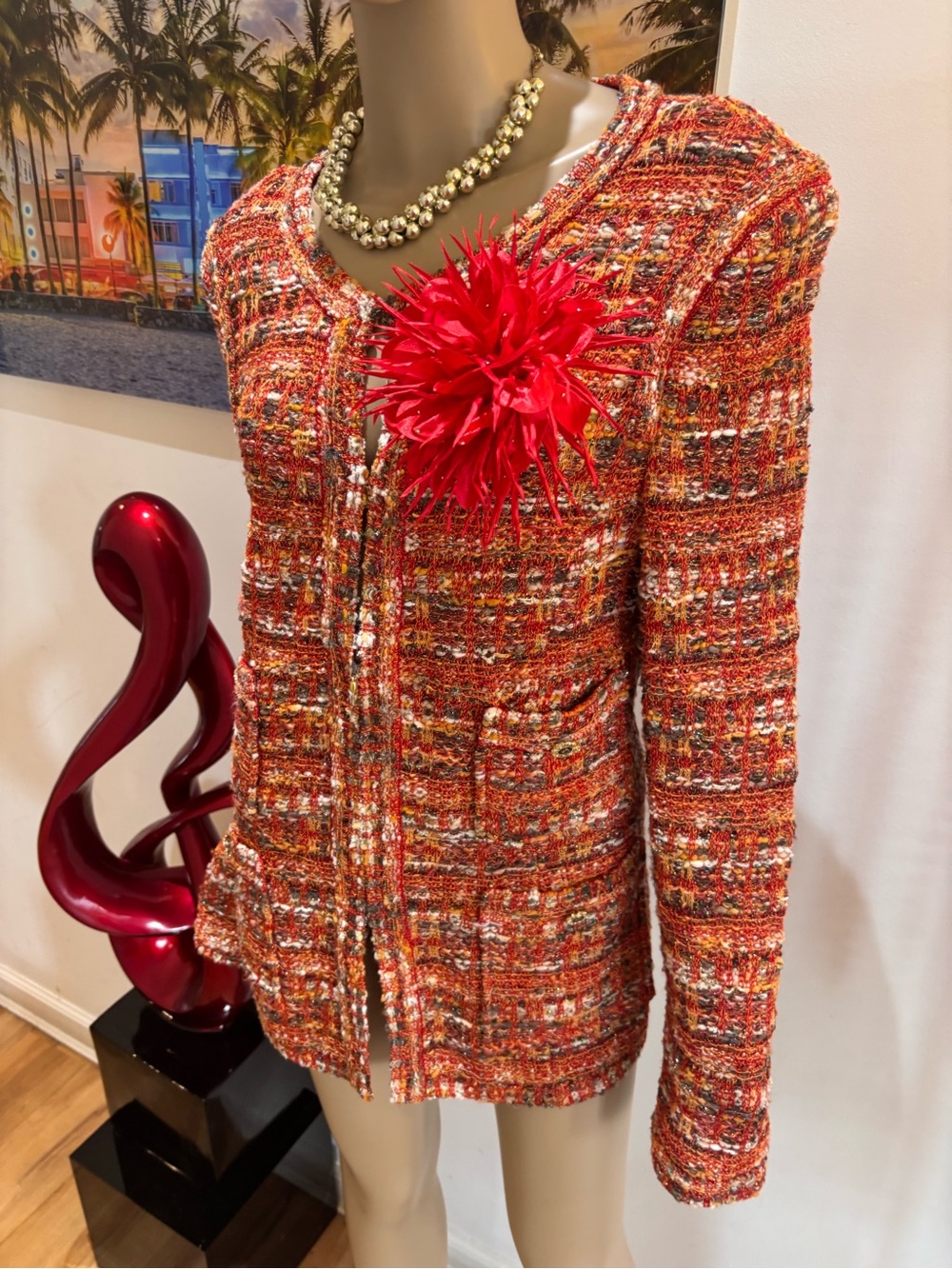 St. John Orange Multicolor Tweed Blazer red orange yellow 12 buttons shimmer - Picture 2 of 8
